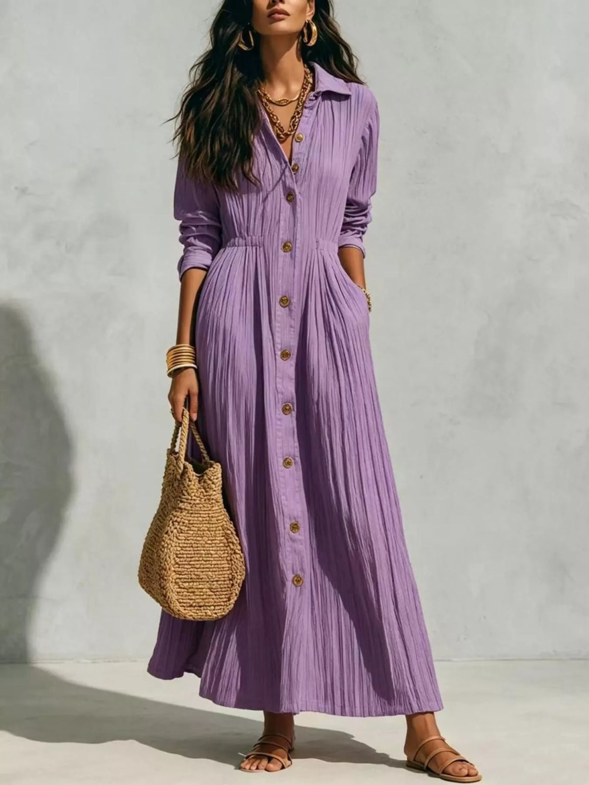 Lilac button-down textured maxi shirt dress