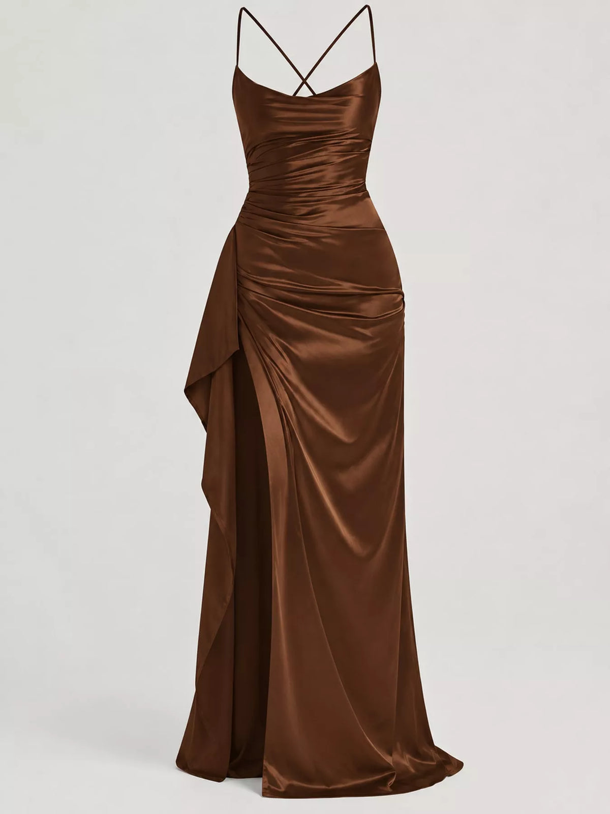 Brown satin ruched high slit maxi dress, front view
