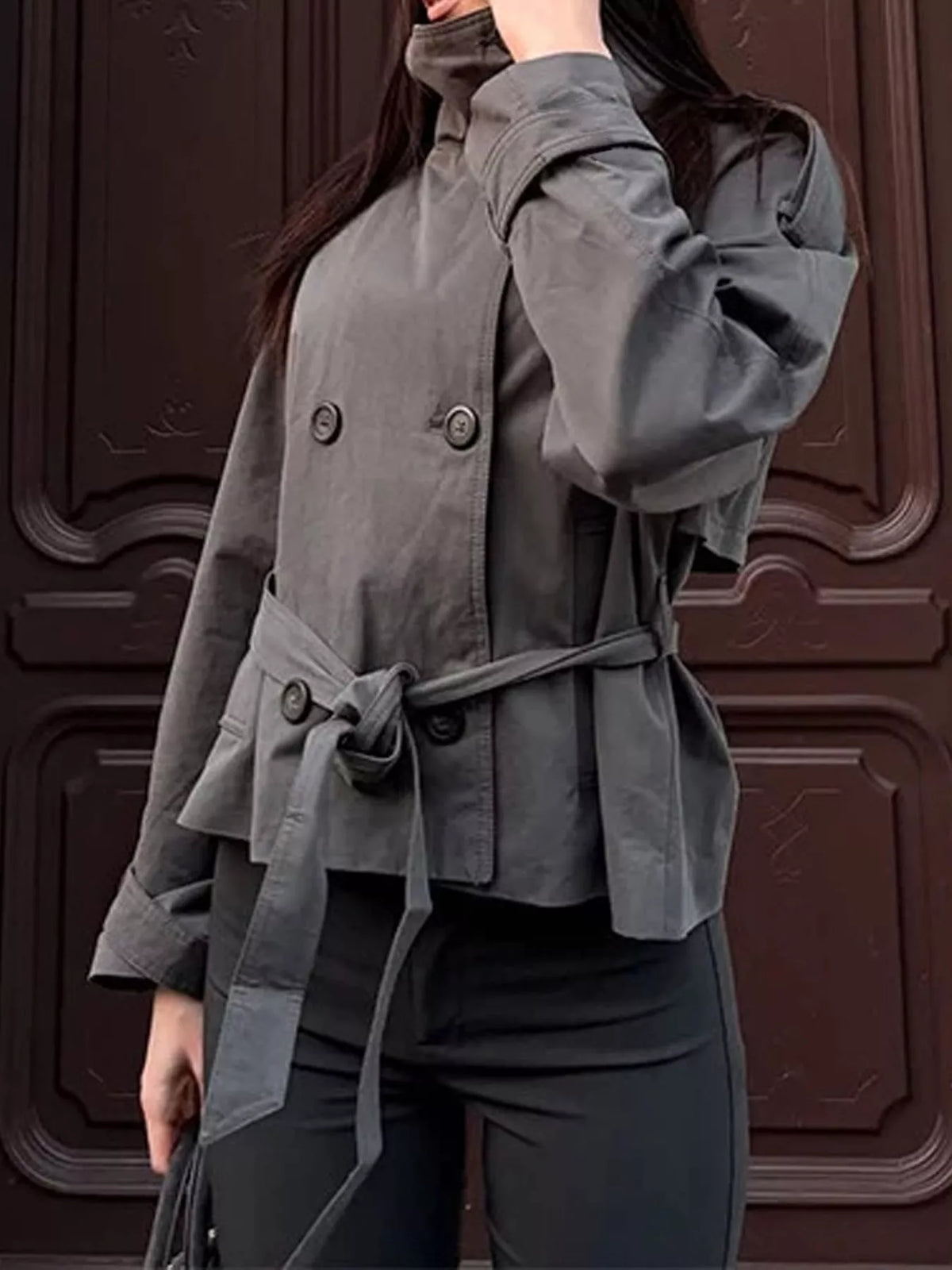 Women's Double-Breasted Belted Trench Coat in gray — front view