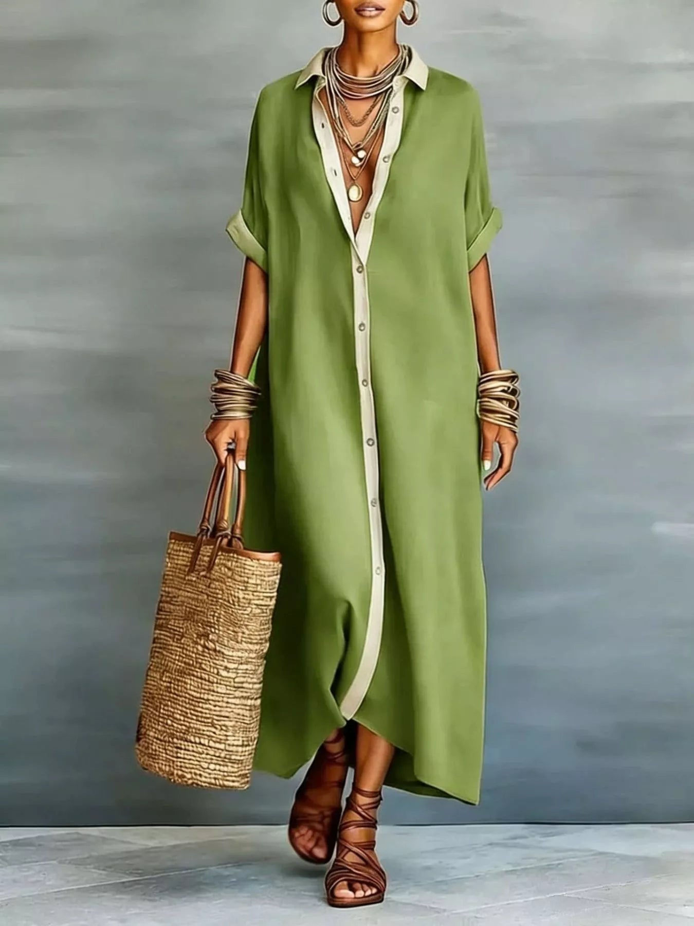 Trendsi Full Size Short Sleeve Maxi Shirt Dress with Contrast Placket Plus Size -