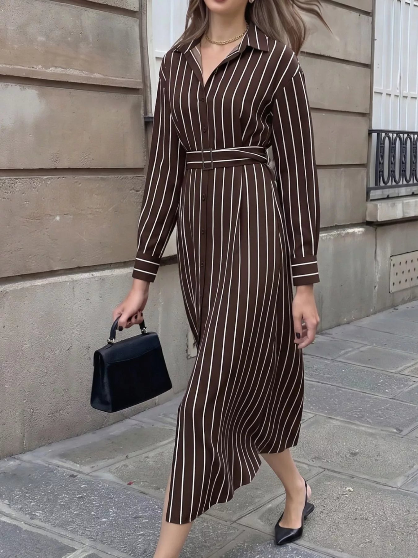 Trendsi Striped Long Sleeve Belted Shirt Dress -