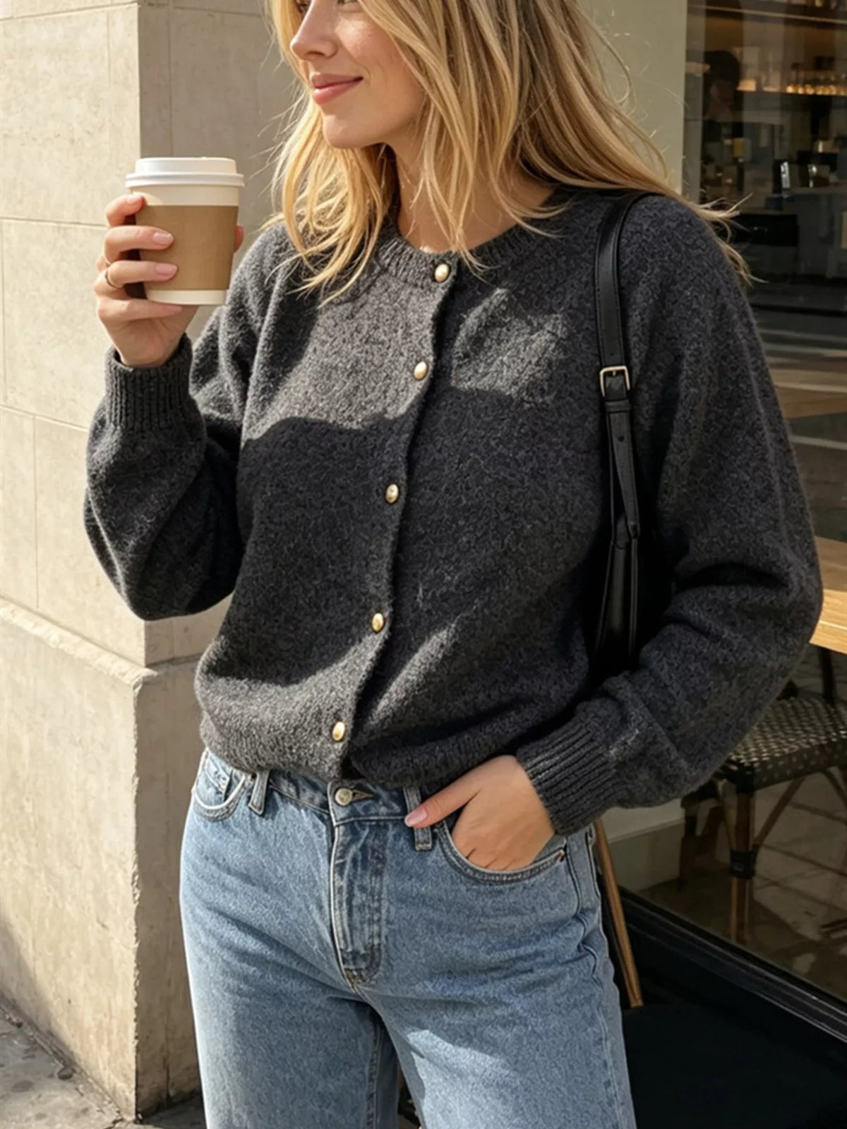 Charcoal round-neck button-front knit cardigan, angled front view.