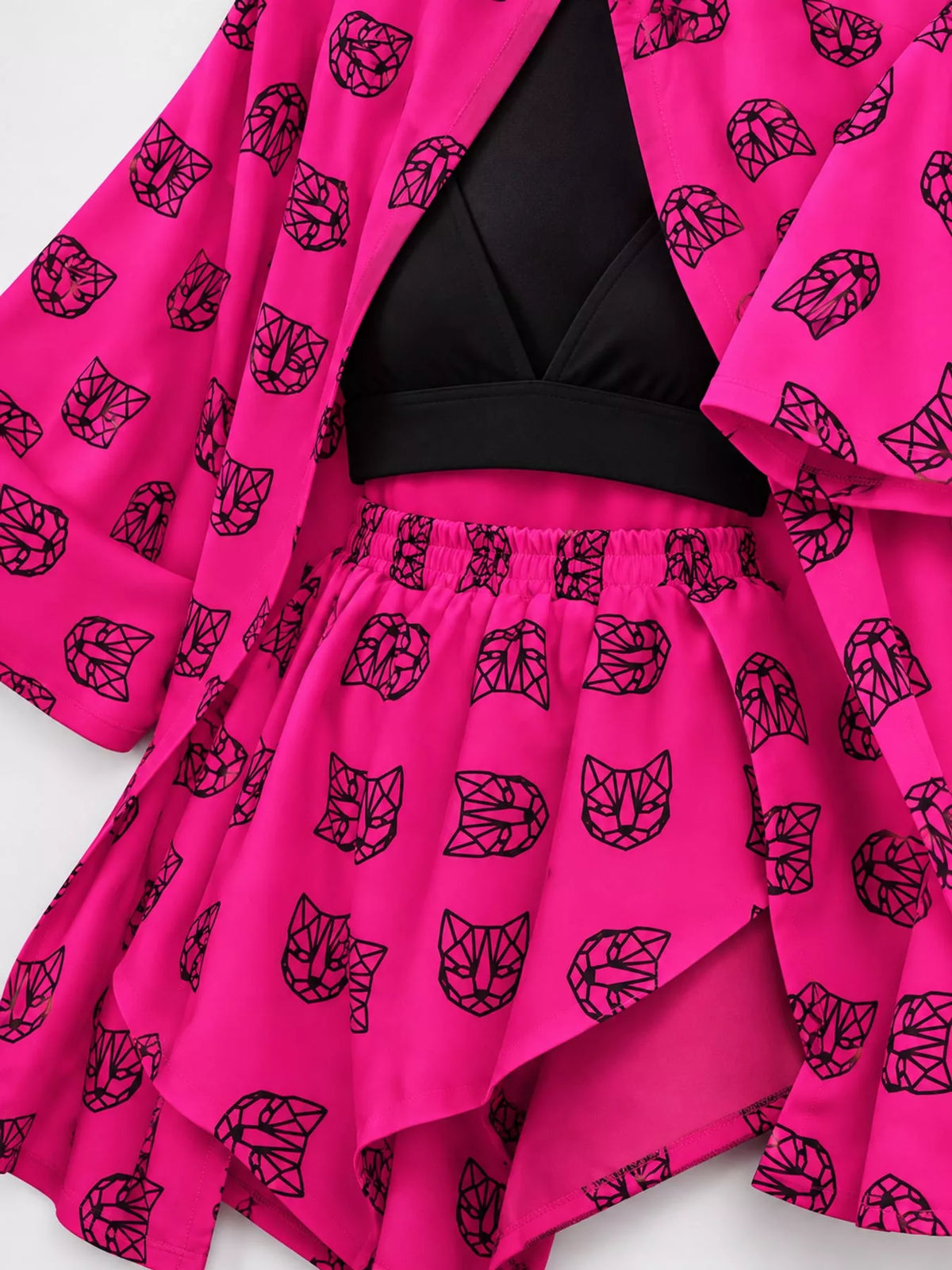 Printed cardigan and shorts set, pink cat-print flat set