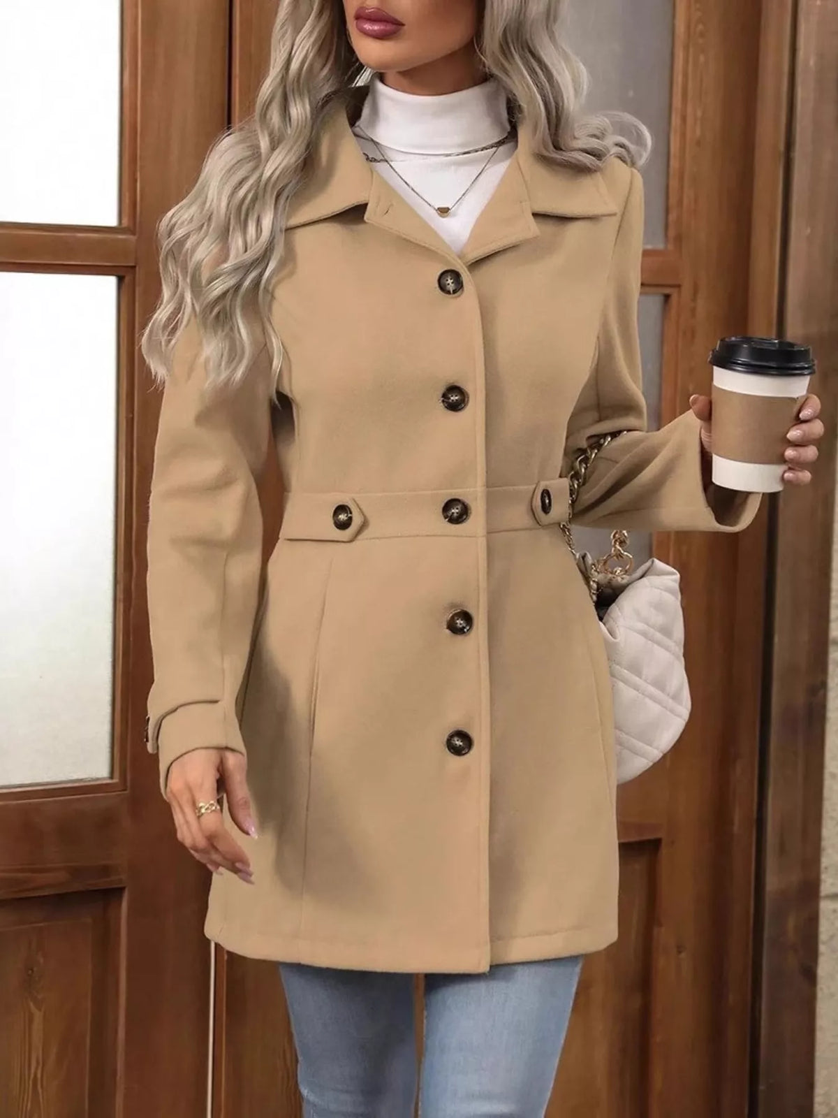Camel single-breasted coat, buttoned front view with cup