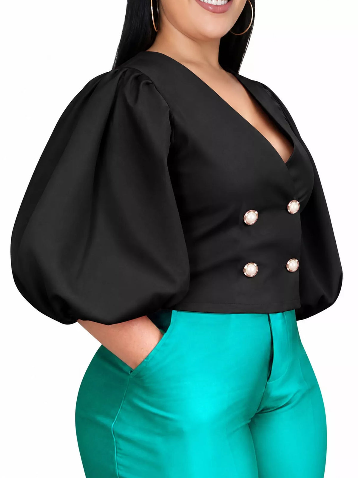 Black double-breasted puff sleeve blouse