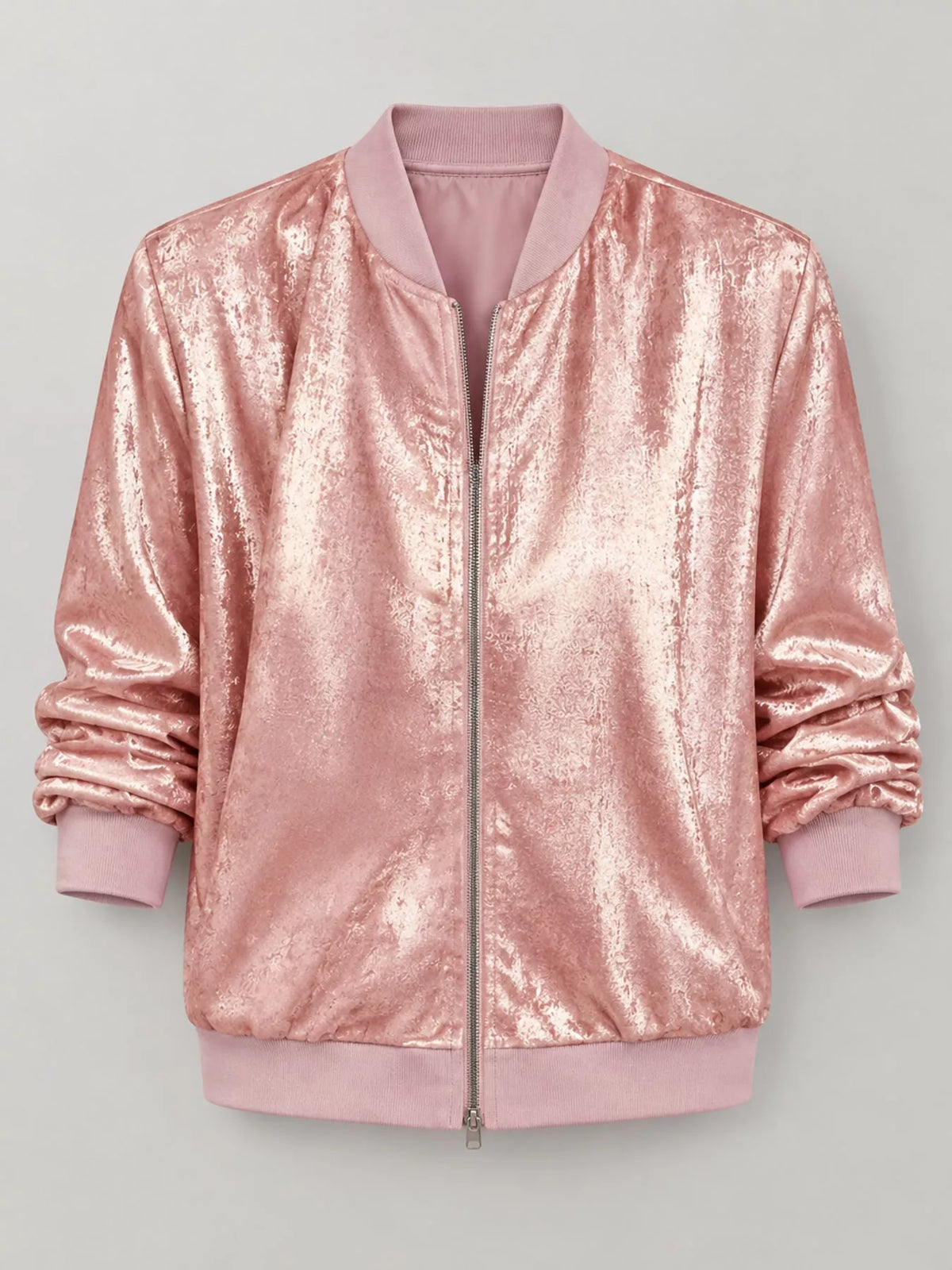 Zip-up bomber jacket, pink metallic flat front