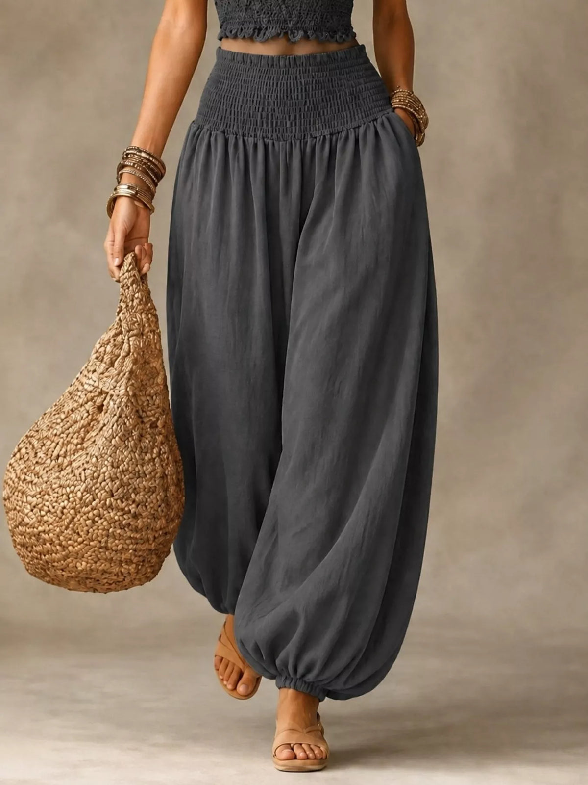 Women's Smocked Harem Pants in gray — front view