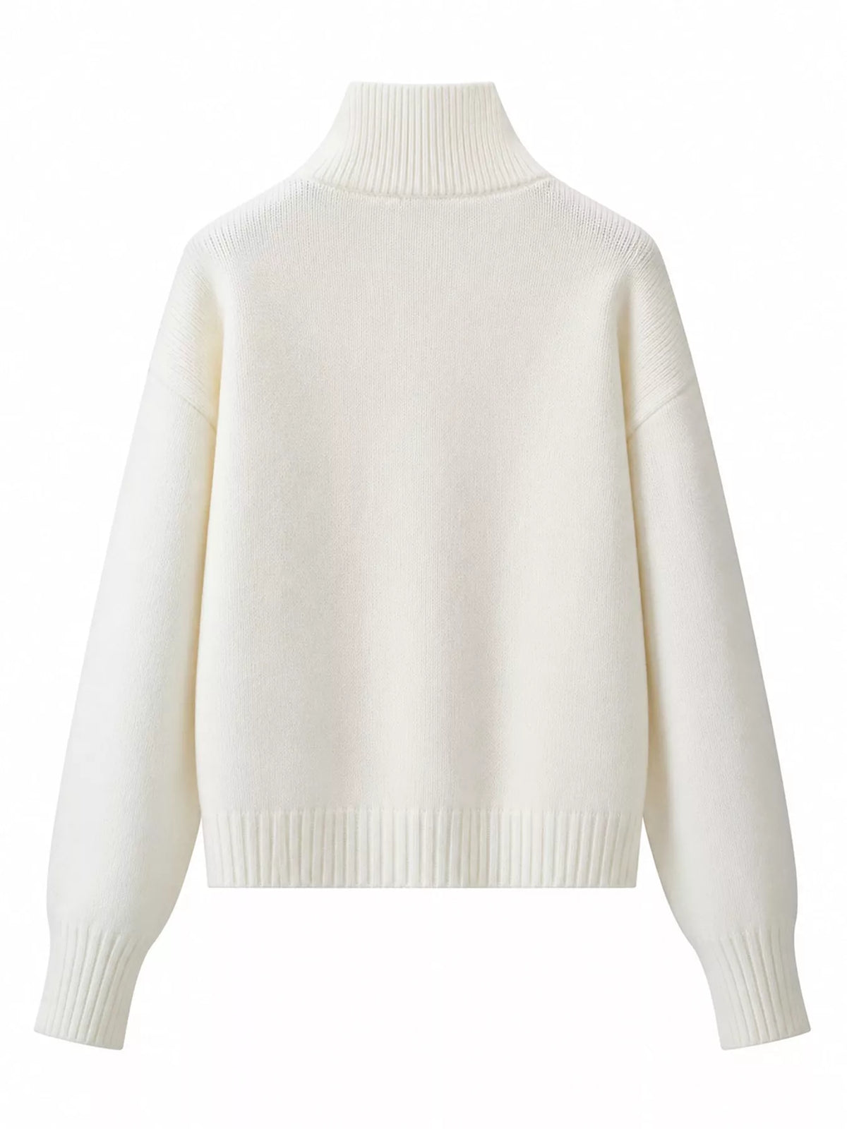 White turtleneck zip-up cardigan, back view