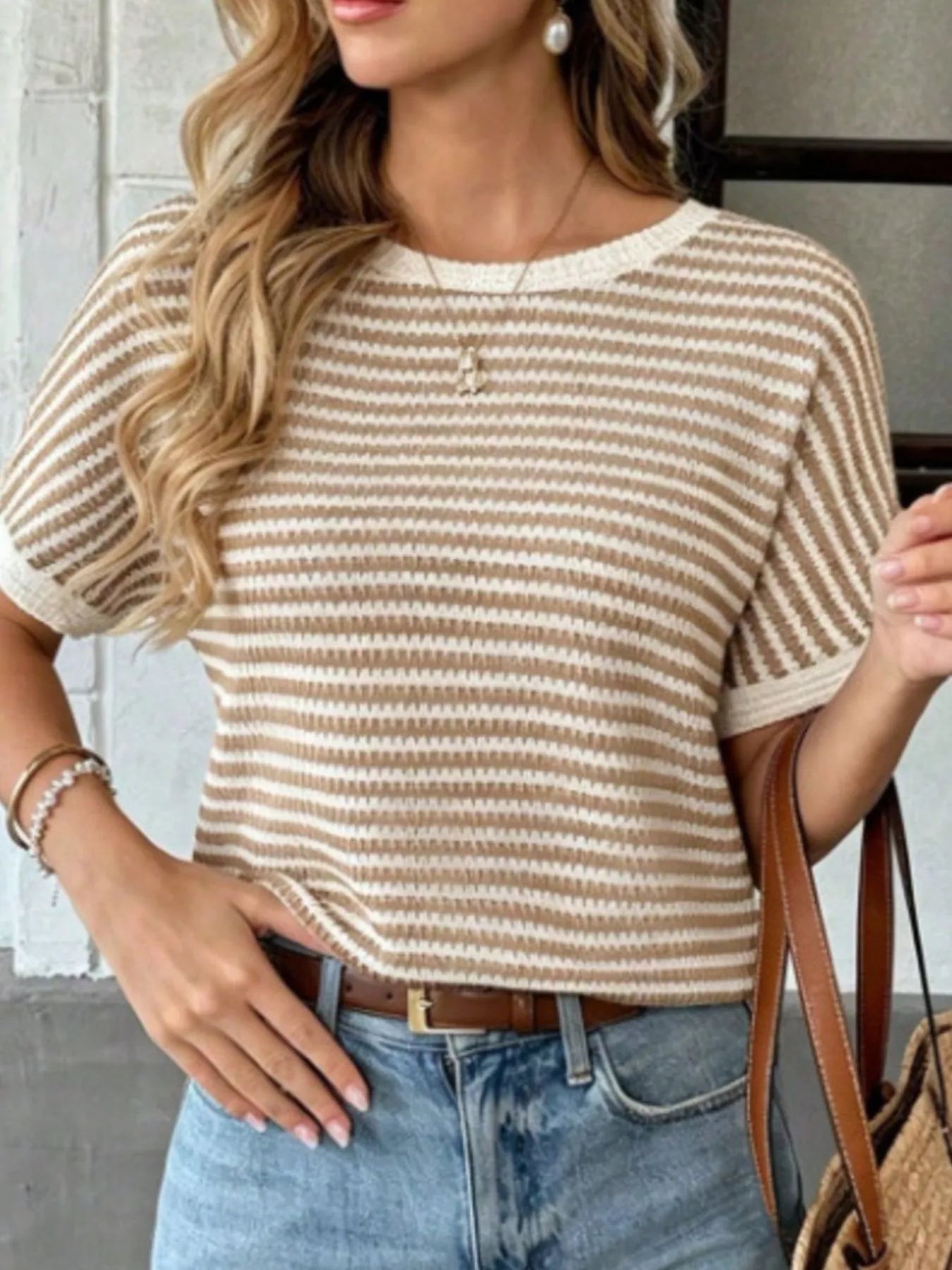 Trendsi Striped Knit Relaxed Fit T-Shirt -