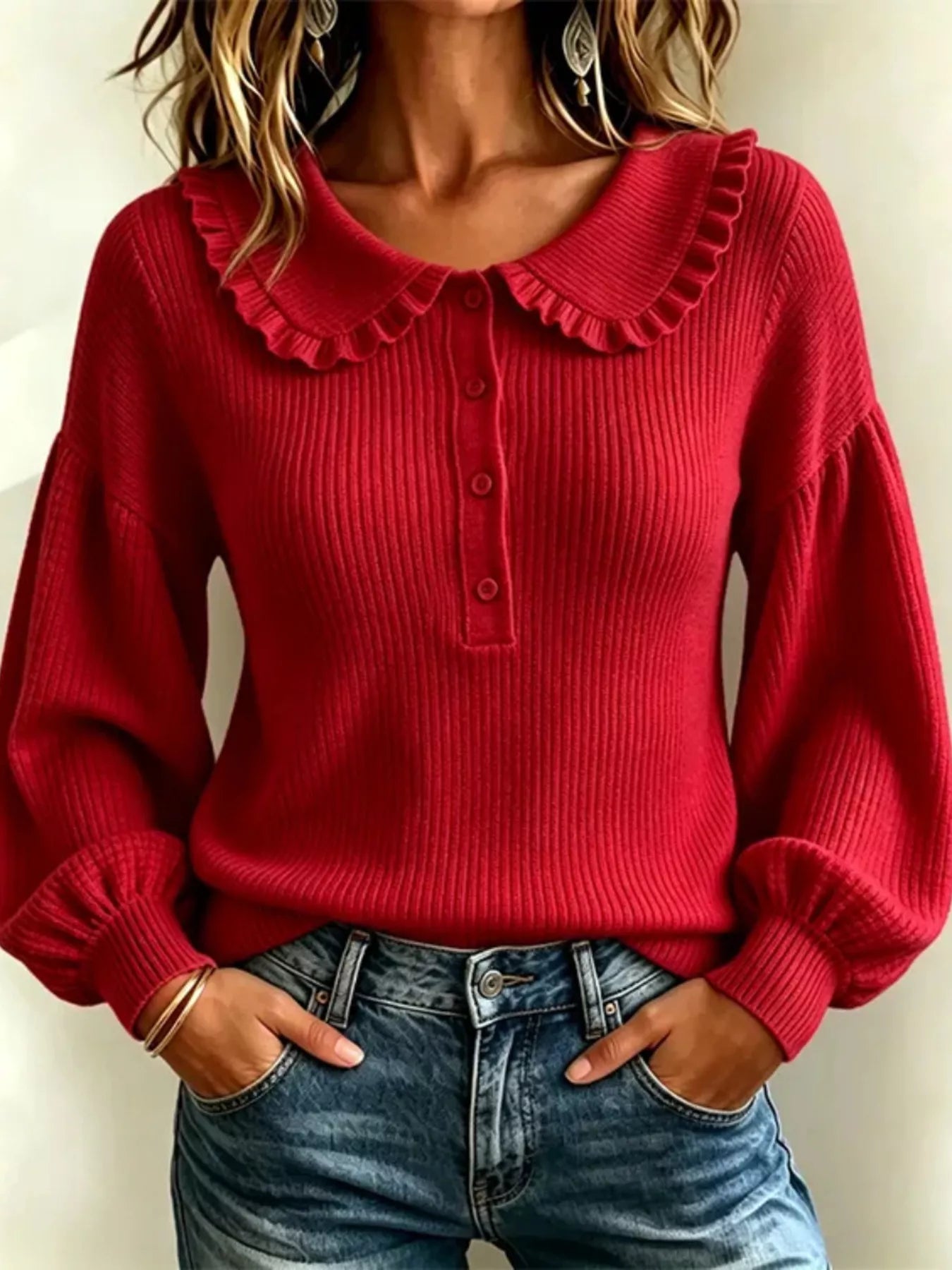 Trendsi Full Size Ruffle Collar Button Detail Sweater Plus Size -