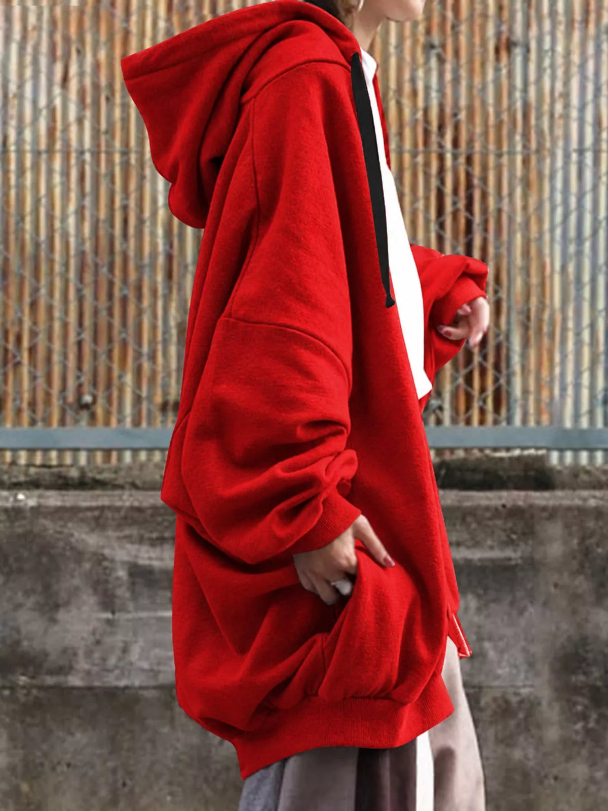 Red drawstring zip-up oversized hoodie