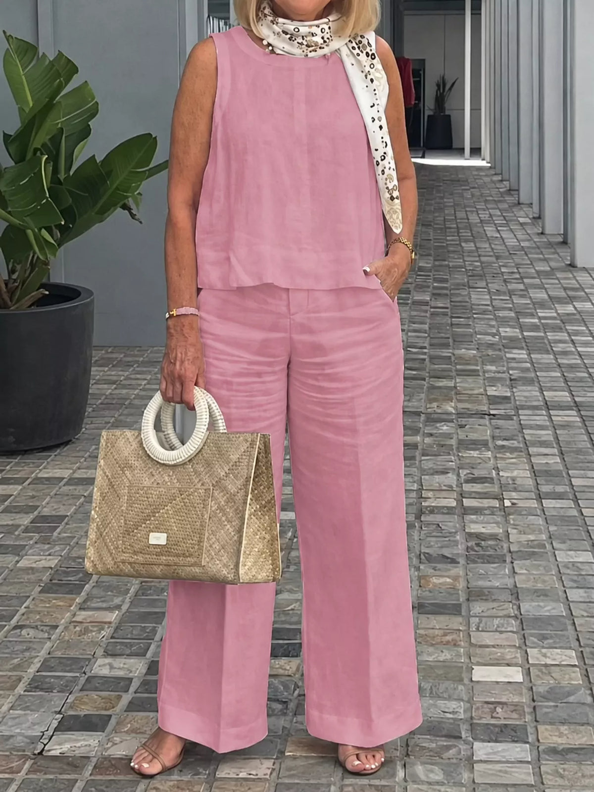 Sleeveless Top and Wide-Leg Pants Set — front view