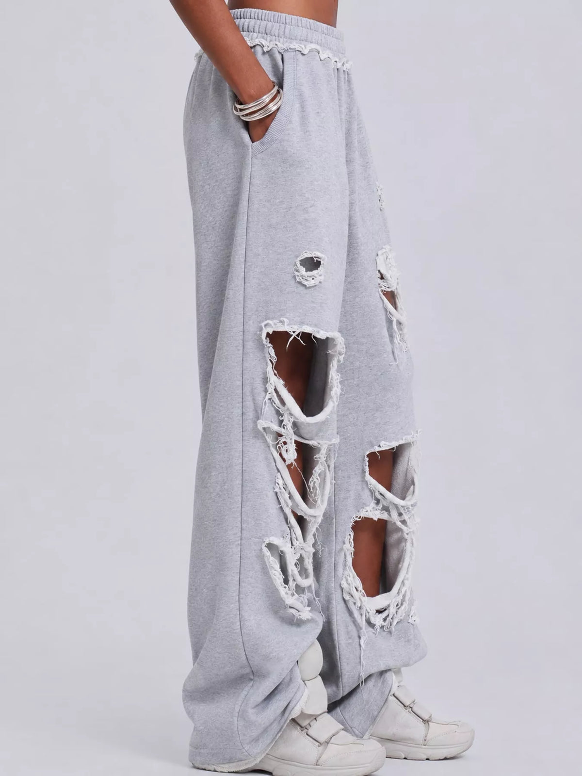 Gray distressed high-waisted wide-leg sweatpants