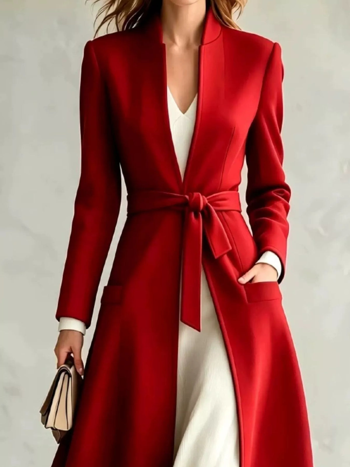 Red tie waist long sleeve coat — design and construction details
