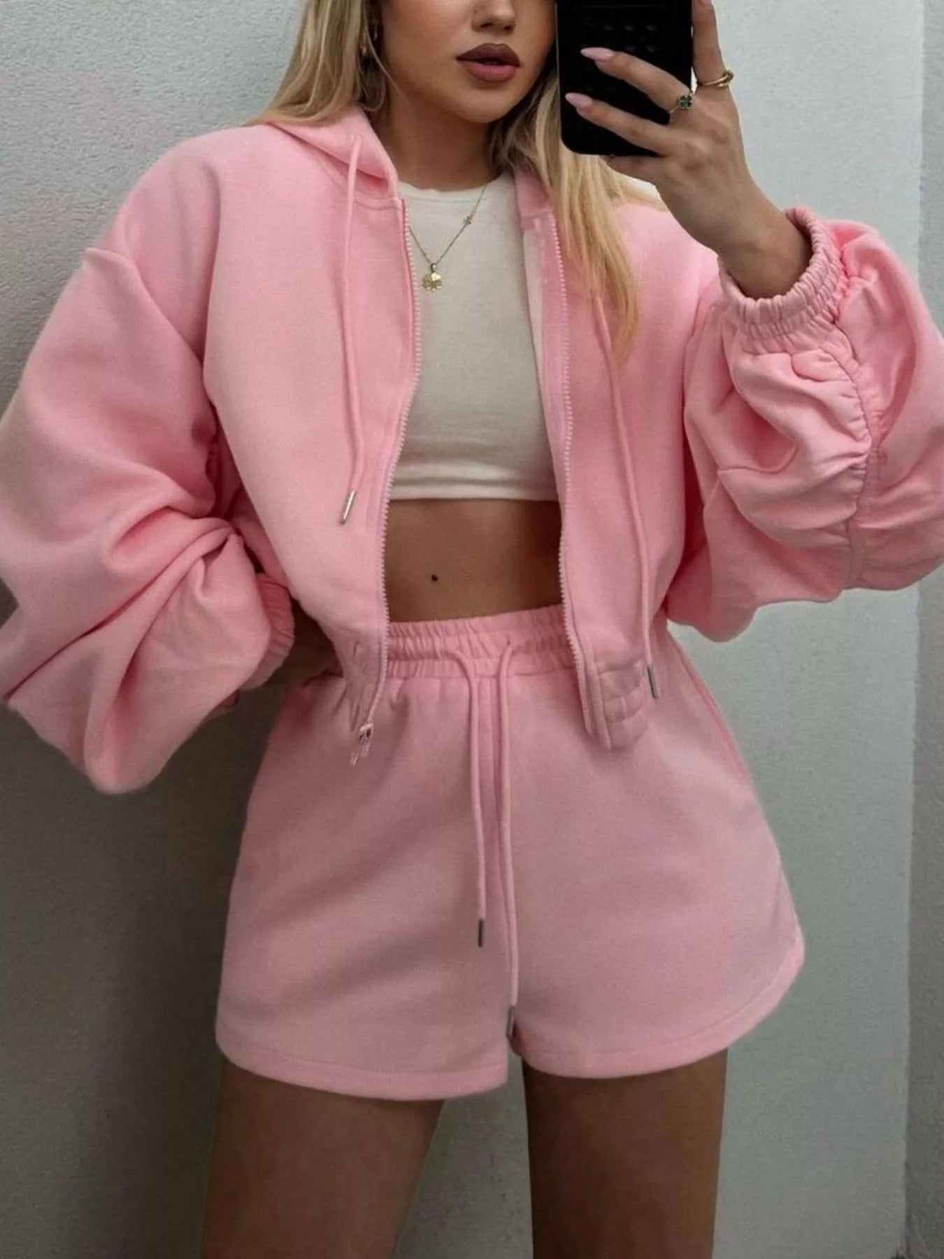 Trendsi Zip-Up Jacket and High-Waisted Drawstring Shorts Set -