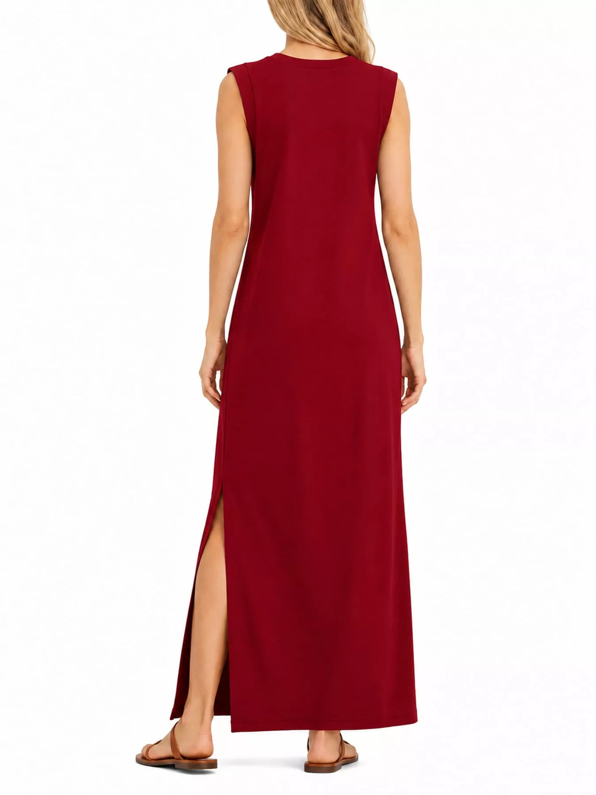 Round neck sleeveless maxi dress, back view
