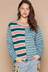 Trendsi POL Color Block Striped Round Neck Long Sleeve T-Shirt -