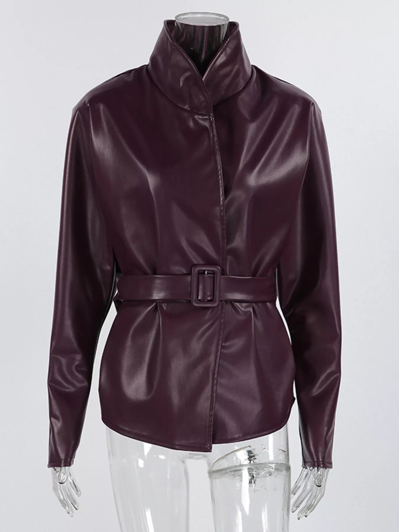 Trendsi Stand Collar Belted Faux Leather Jacket -