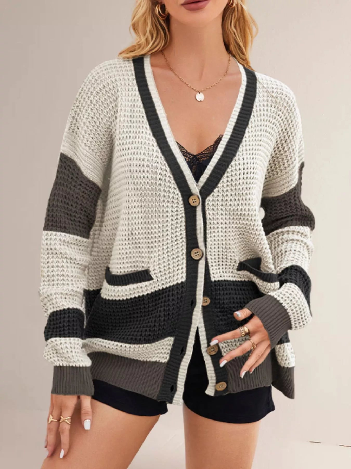 Trendsi Color Block V-Neck Cardigan -