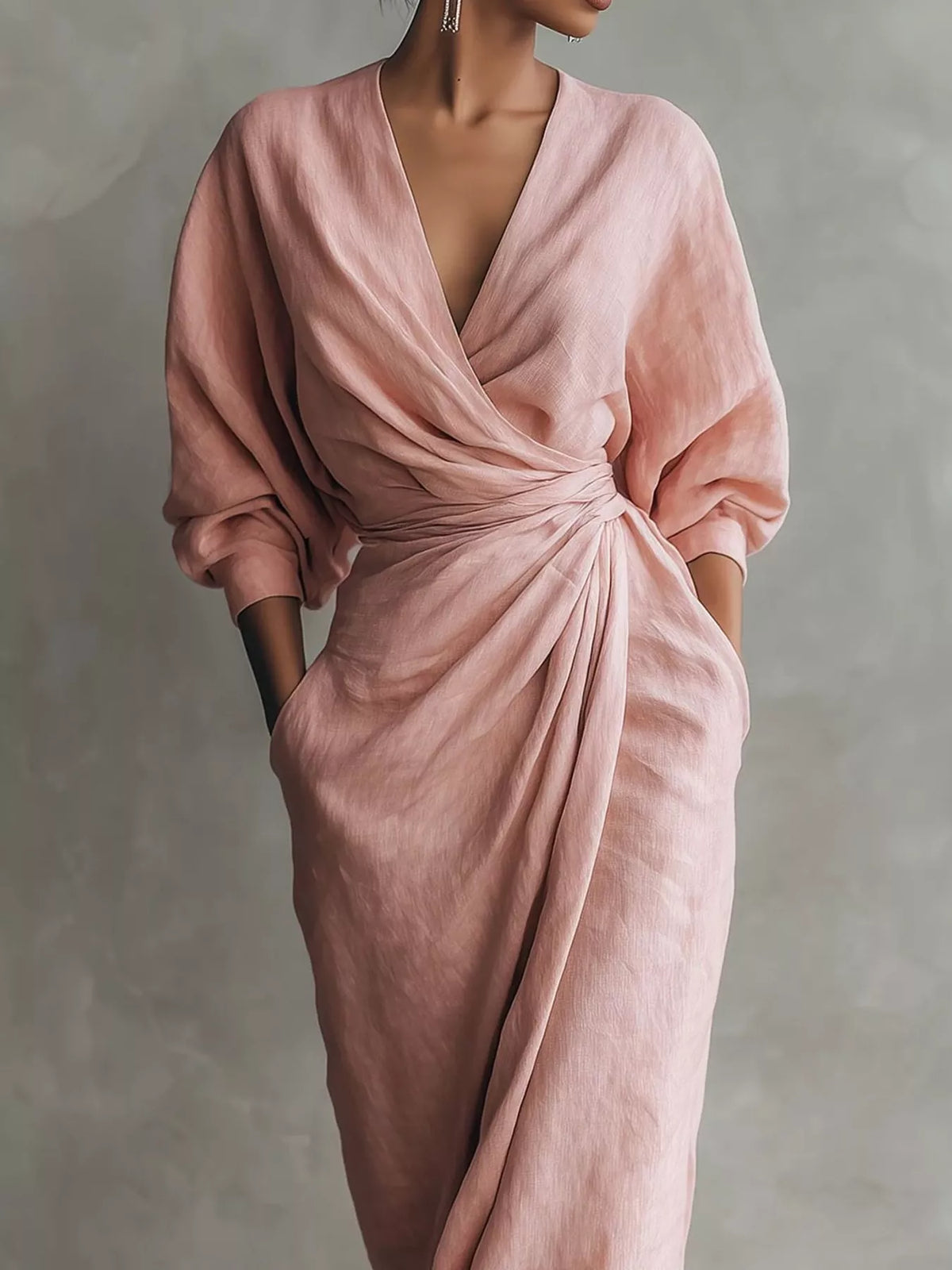 V-neck 3/4 sleeve maxi dress, construction and design details