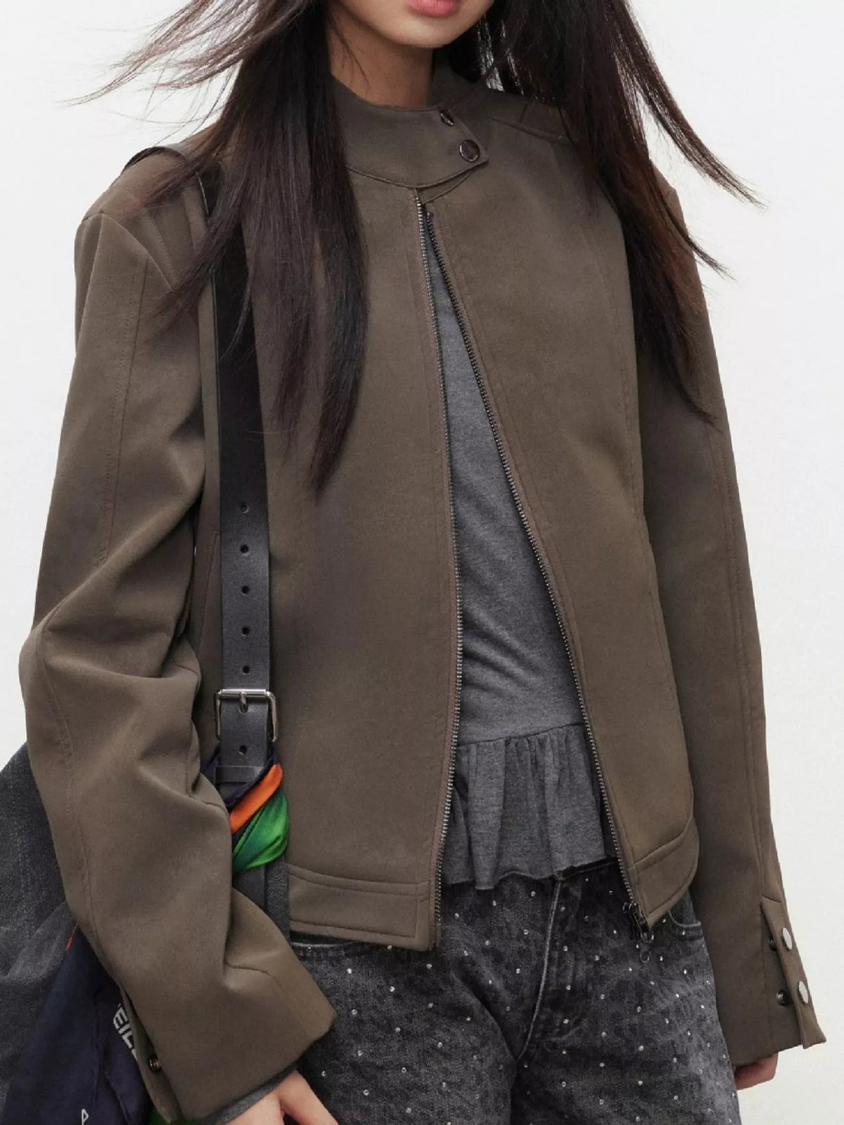 Women's Zip Up Cropped Jacket in brown — front view