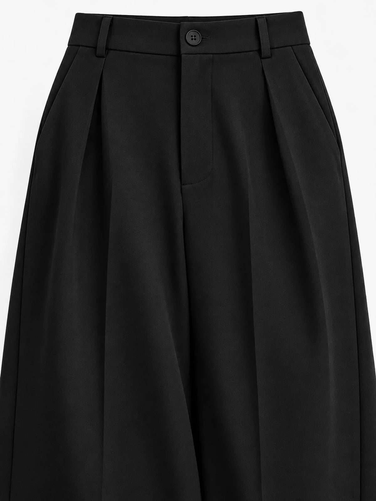 Women's Pleated Wide-Leg Trousers in black — waist detail view