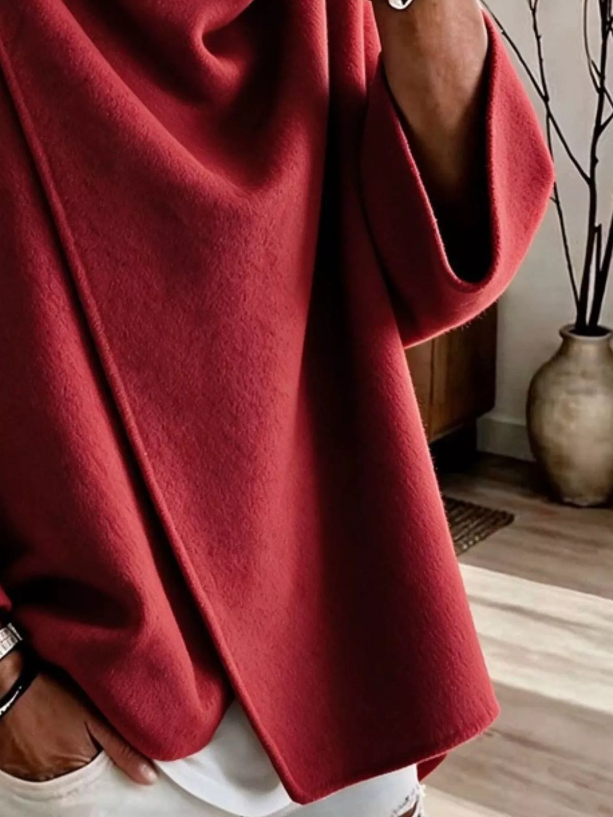 Red asymmetric cowl neck cape-style jacket, draped front and wide sleeve