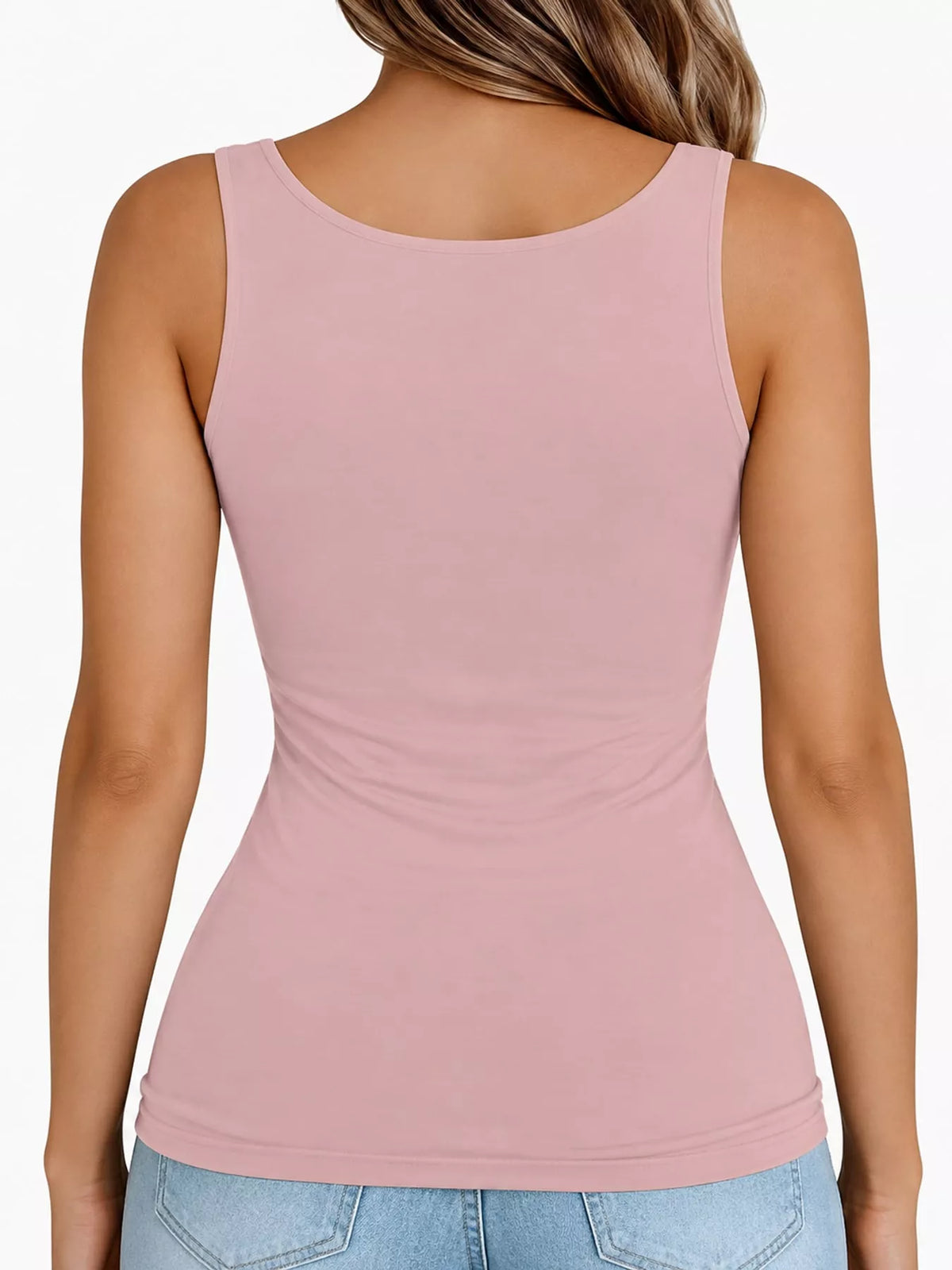 Dusty pink square-neck tank, back view