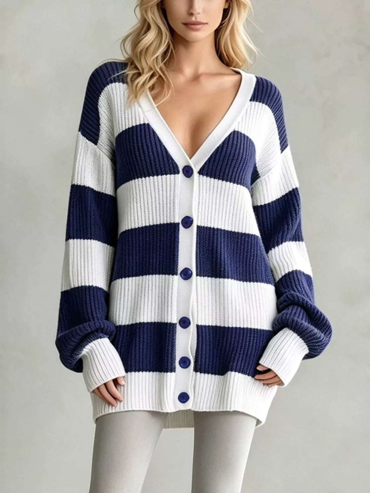 Striped cardigan, navy and white front