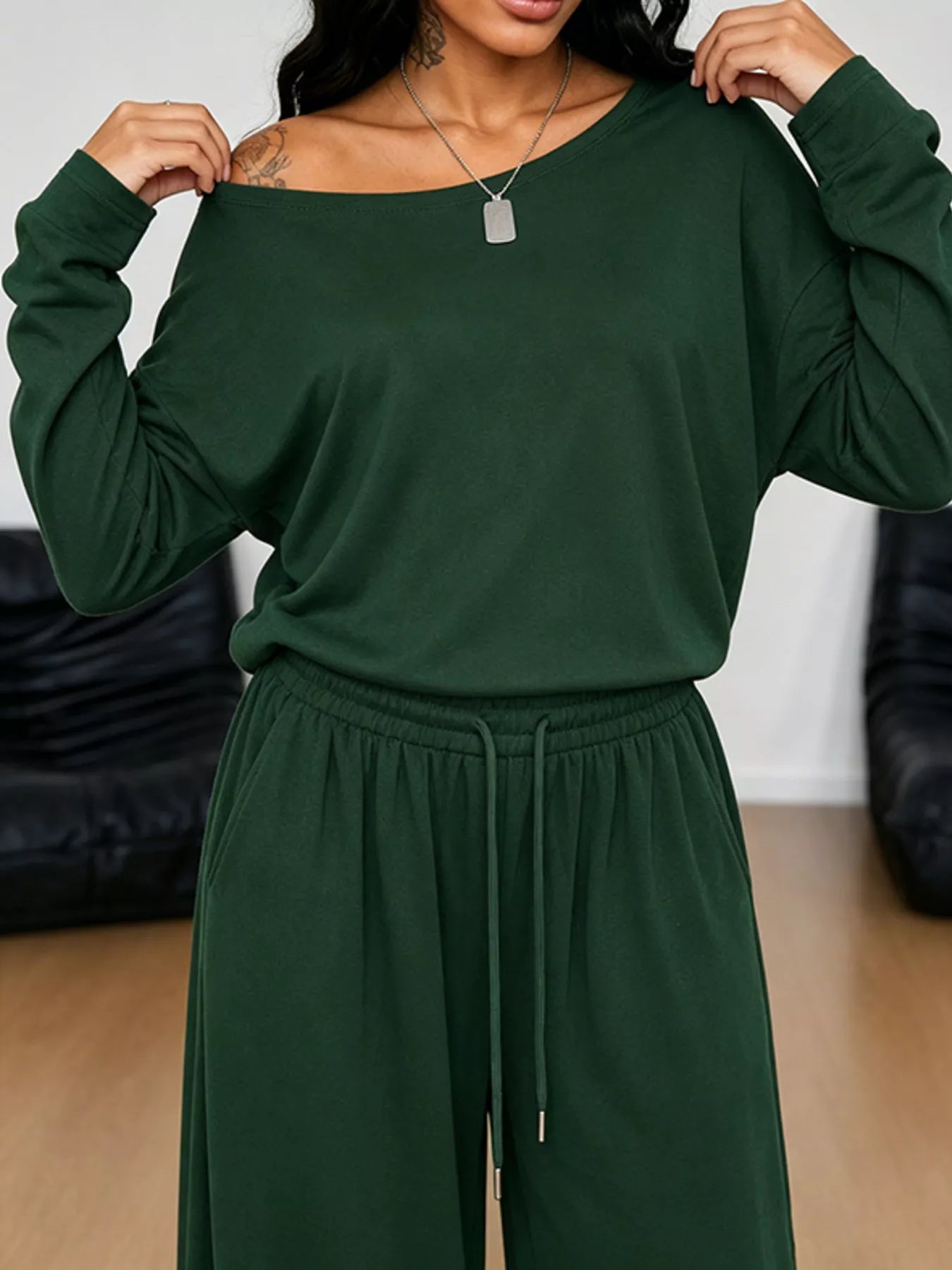 Trendsi Full Size One-Shoulder Top and Drawstring Pants Set Plus Size -