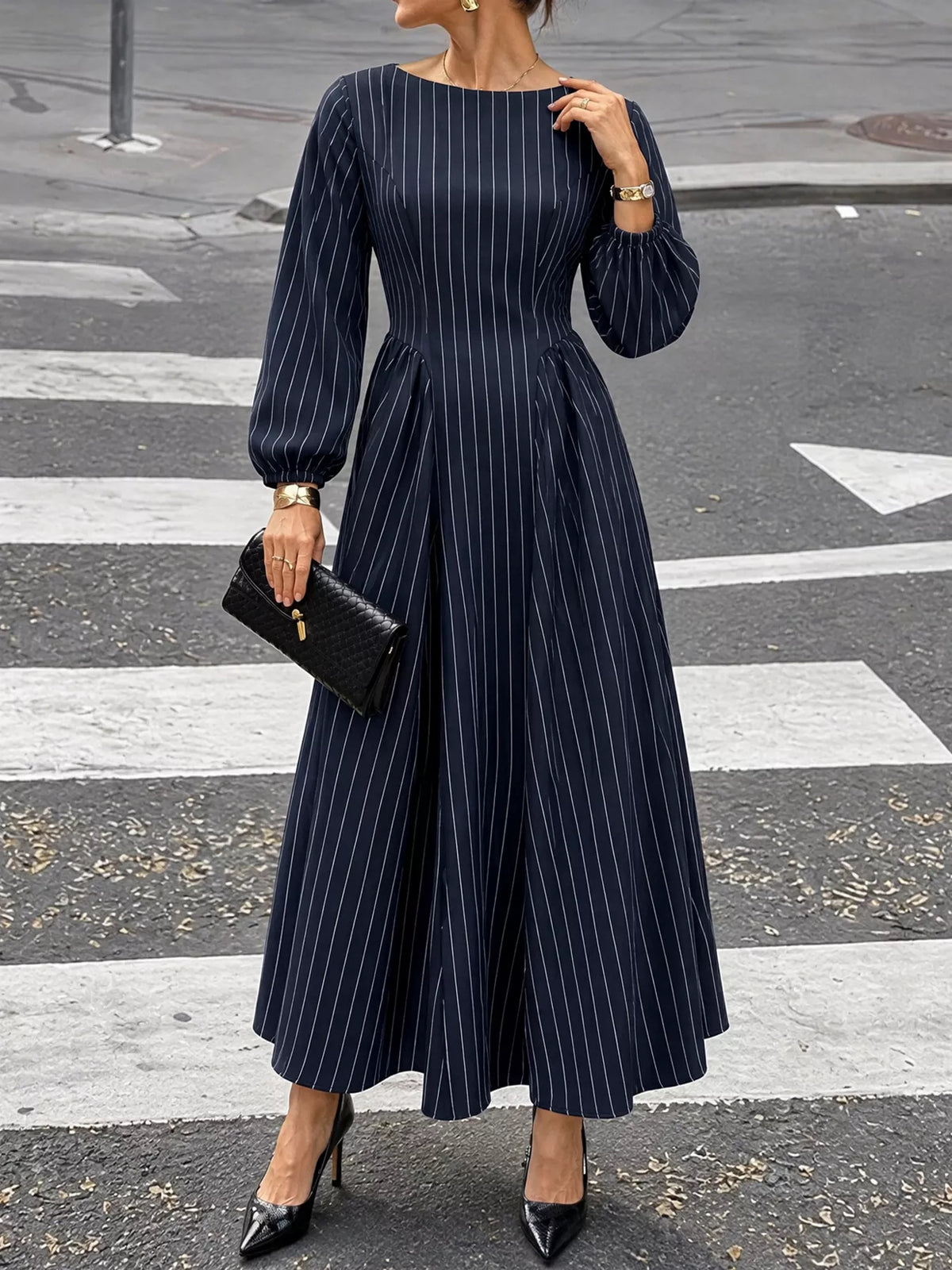 Striped Balloon Sleeve Maxi Dress — front view