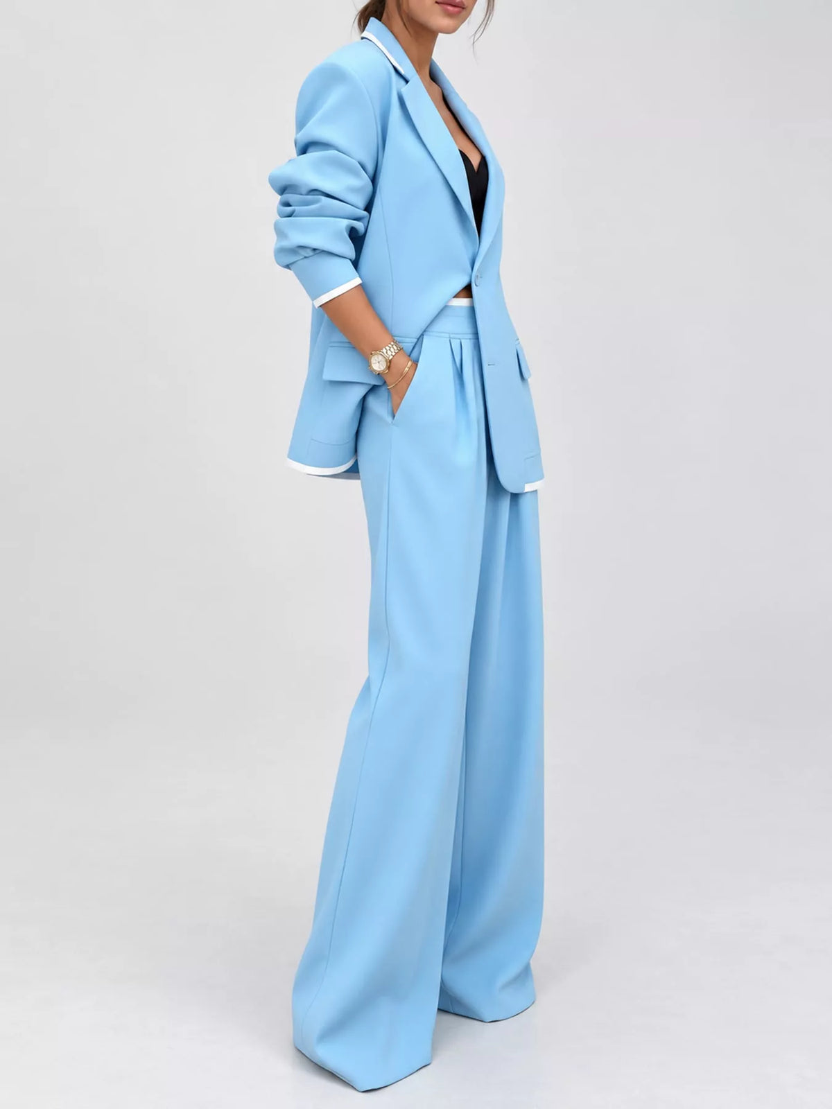 Sky Blue contrast-trim blazer and wide-leg pants set