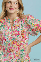 Trendsi Umgee Paisley Floral Puff Sleeve Shift Dress -