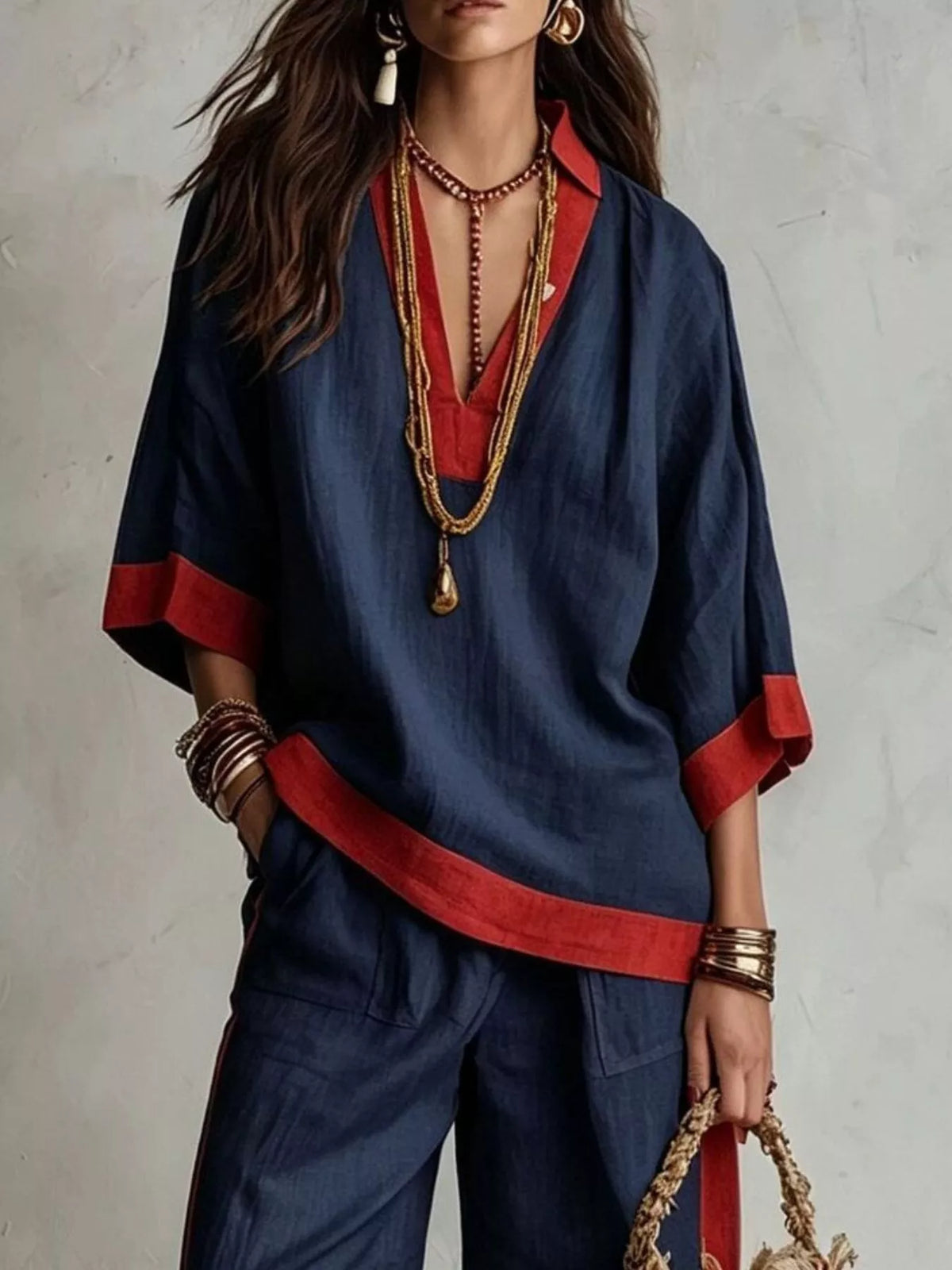 Contrast Trim Top and Wide Leg Pants Set in navy, top detail