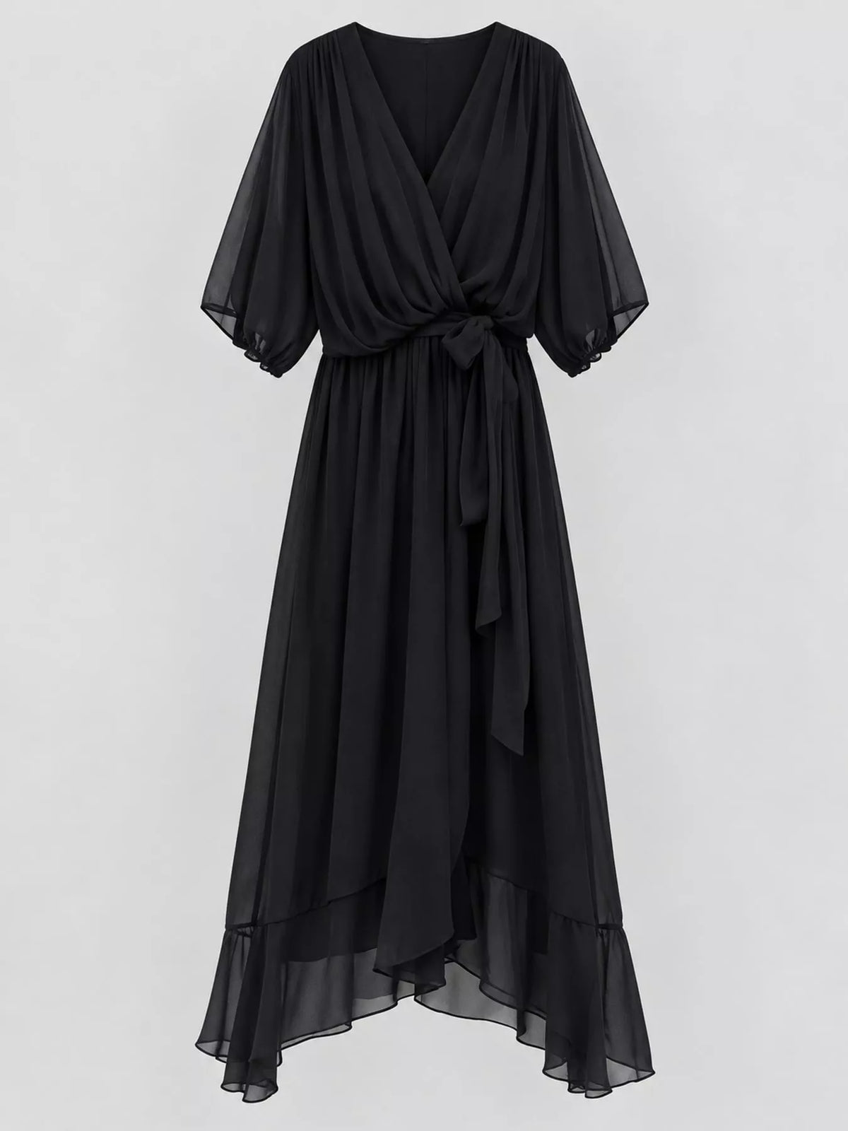 Black batwing sleeve wrap dress with waist tie, front view