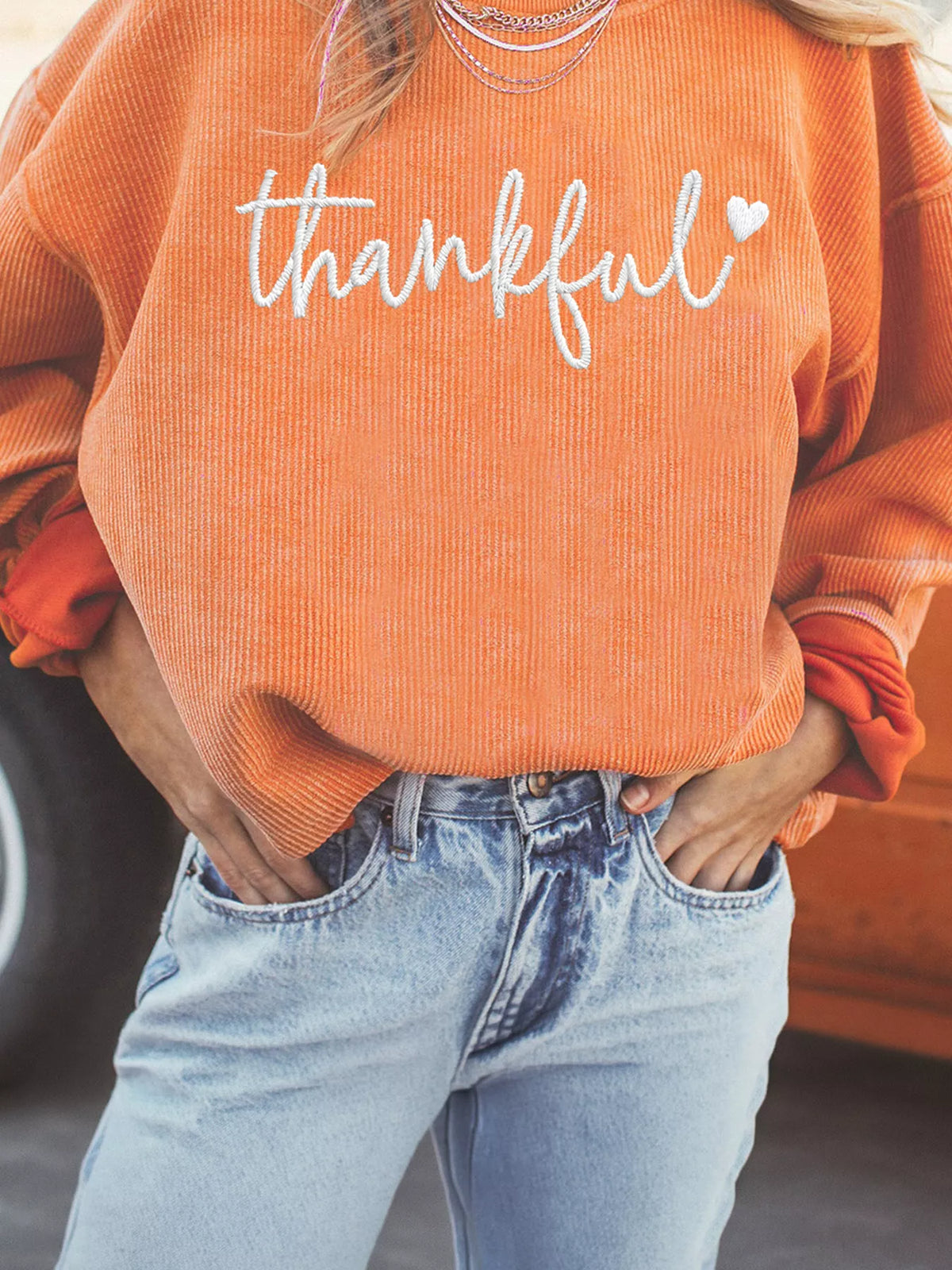 Thankful Embroidered Corded Crewneck Sweatshirt, embroidery detail