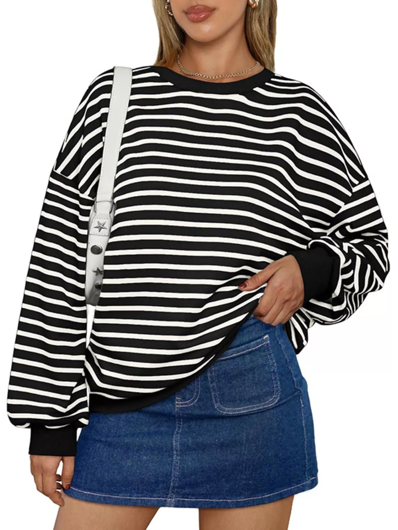 Trendsi Oversized Striped Crewneck Sweatshirt -