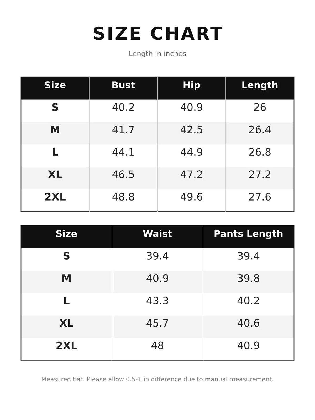Size chart for velvet ruffled hem top and wide-leg pants set