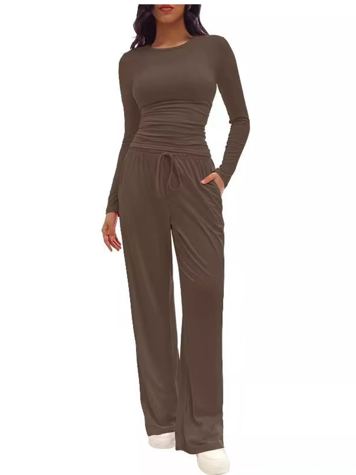Long Sleeve Ruched Top and Wide-Leg Drawstring Pants Set — front view