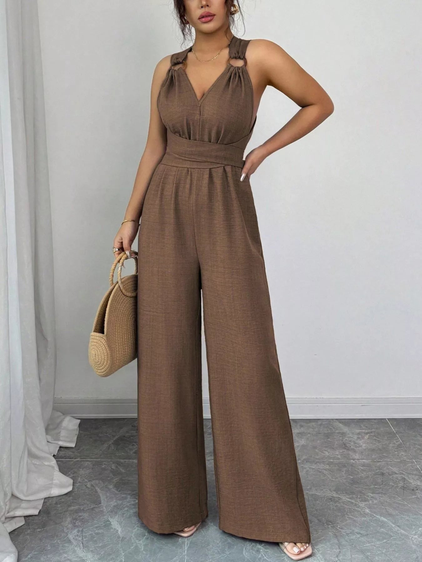 Trendsi Sleeveless V-Neck Wide-Leg Jumpsuit with O-Ring Detail -