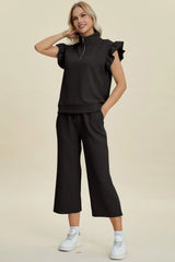 Trendsi Double Take Full Size Texture Ruffle Short Sleeve Top and Wide Leg Pants Set -