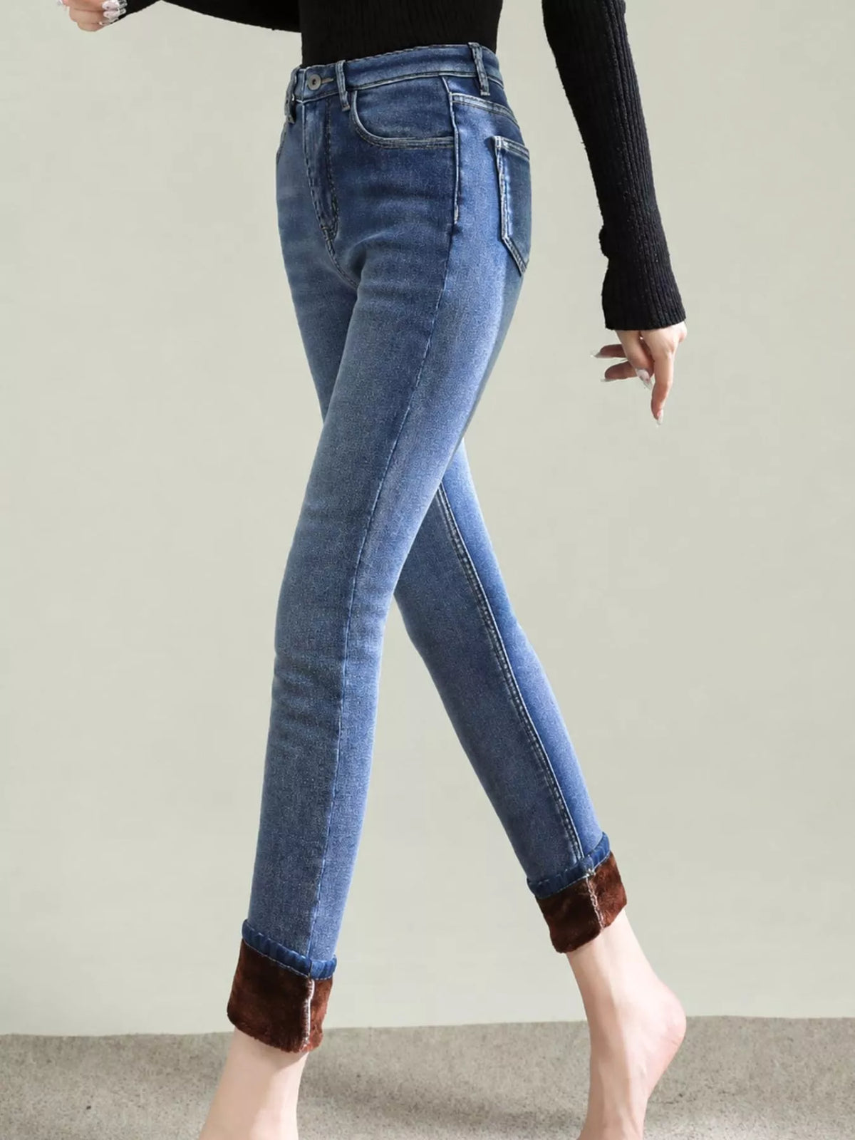High-Waisted Slim-Fit Stretch Fleece Jeans — side view