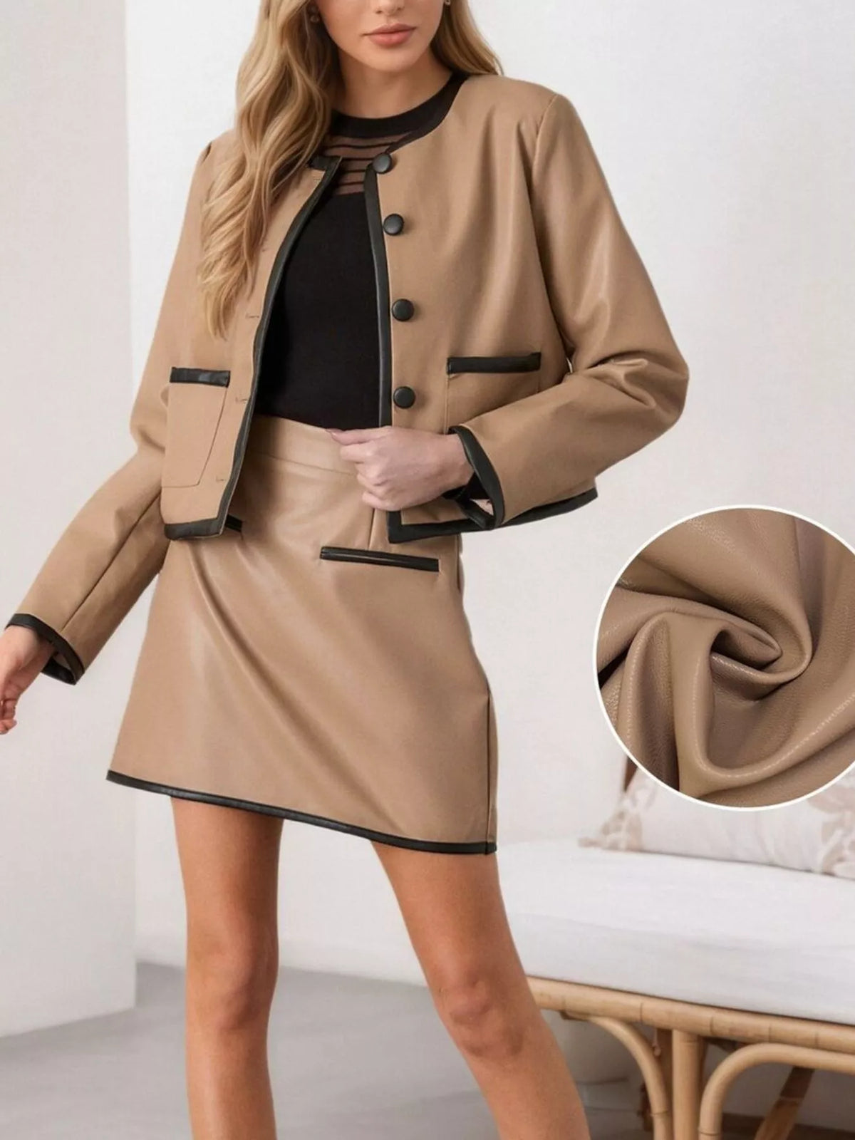 Tan Contrast-Trim Jacket & Mini Skirt Set front view