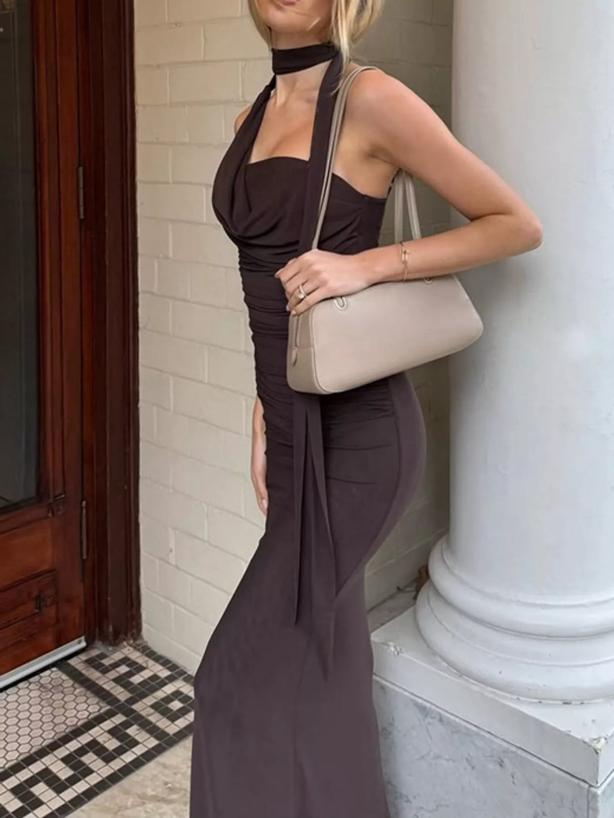 Cowl neck spaghetti-strap maxi dress, side view