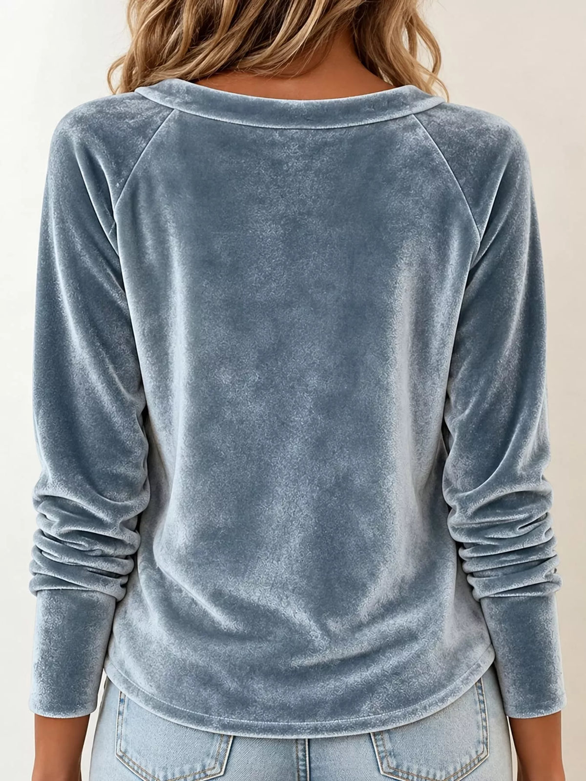 Blue-gray velvet cowl neck long sleeve t shirt, back view
