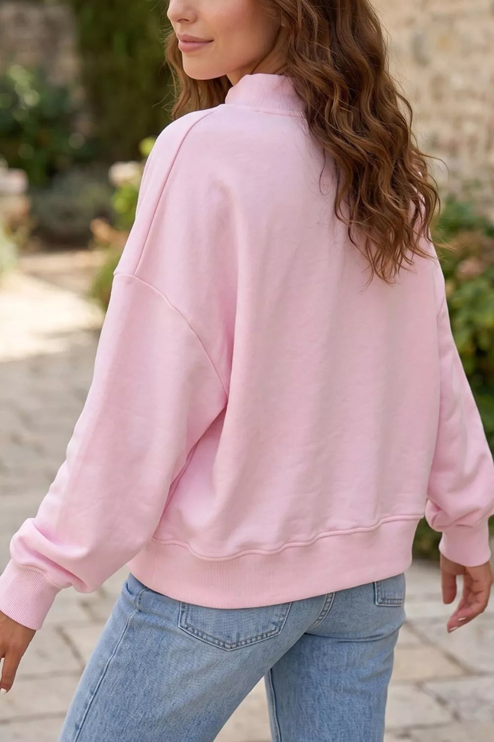 Trendsi Embroidered Long Sleeve Stand Neck Shift Pullover Sweatshirt -