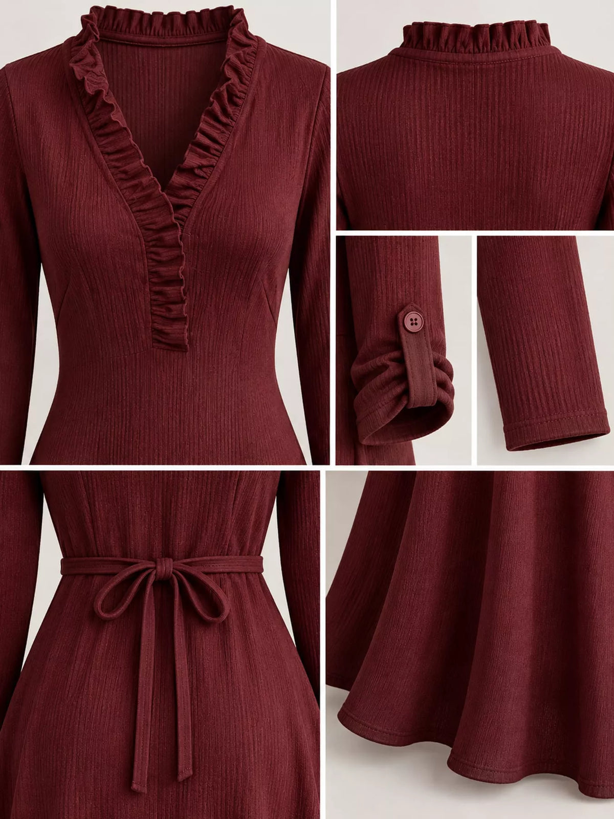 Frill-trim maxi dress, burgundy detail collage