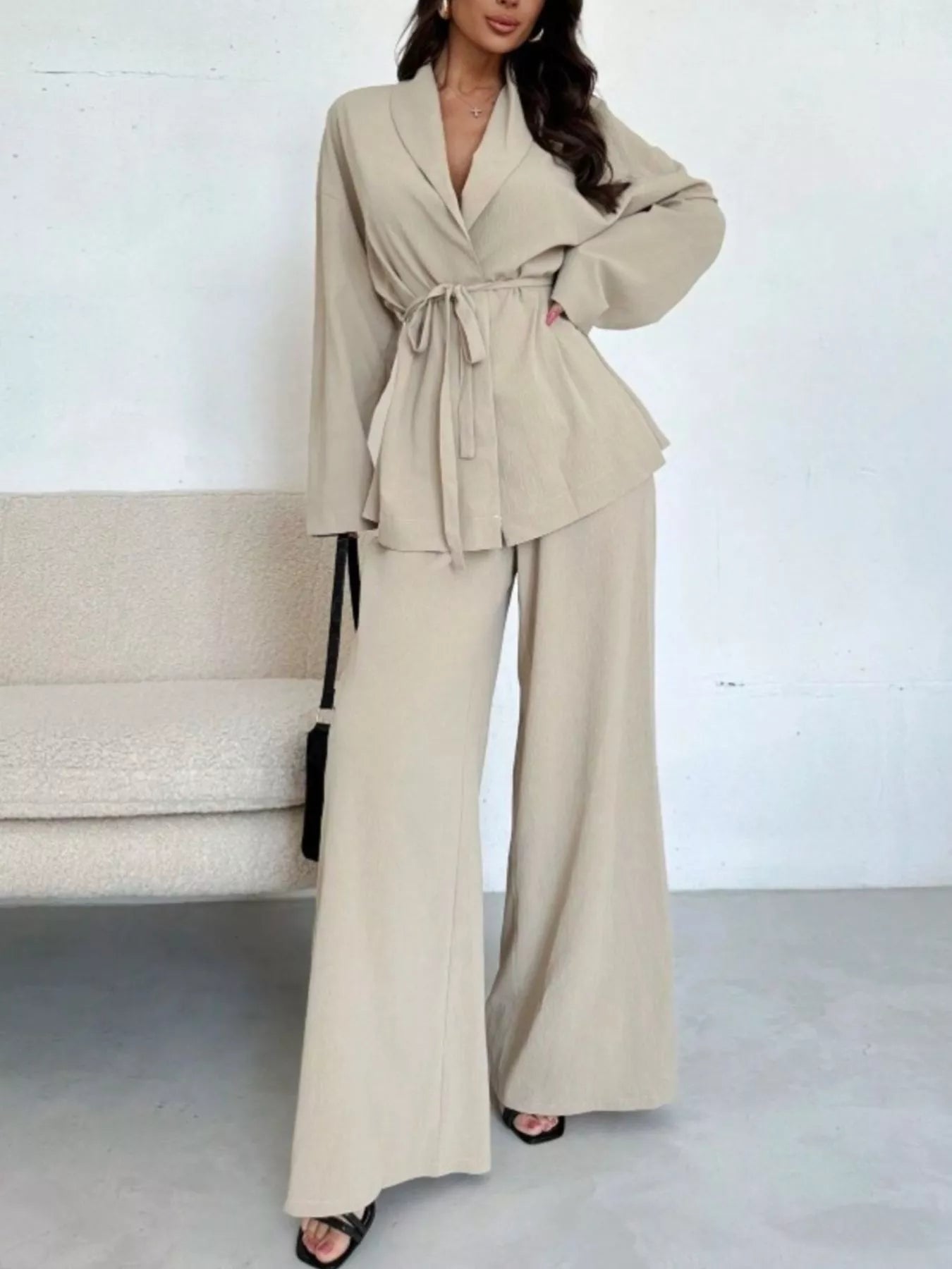 Trendsi Textured Tie Waist Top and Wide-Leg Pants Set -