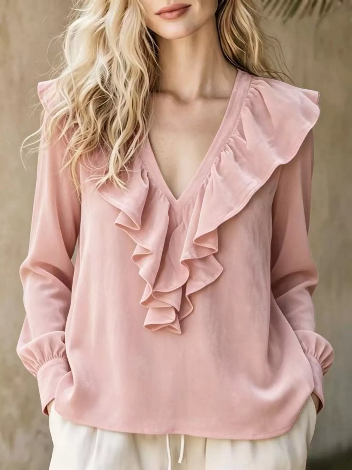 Dusty Pink Velvet Ruffled V-Neck Long Sleeve Blouse front view