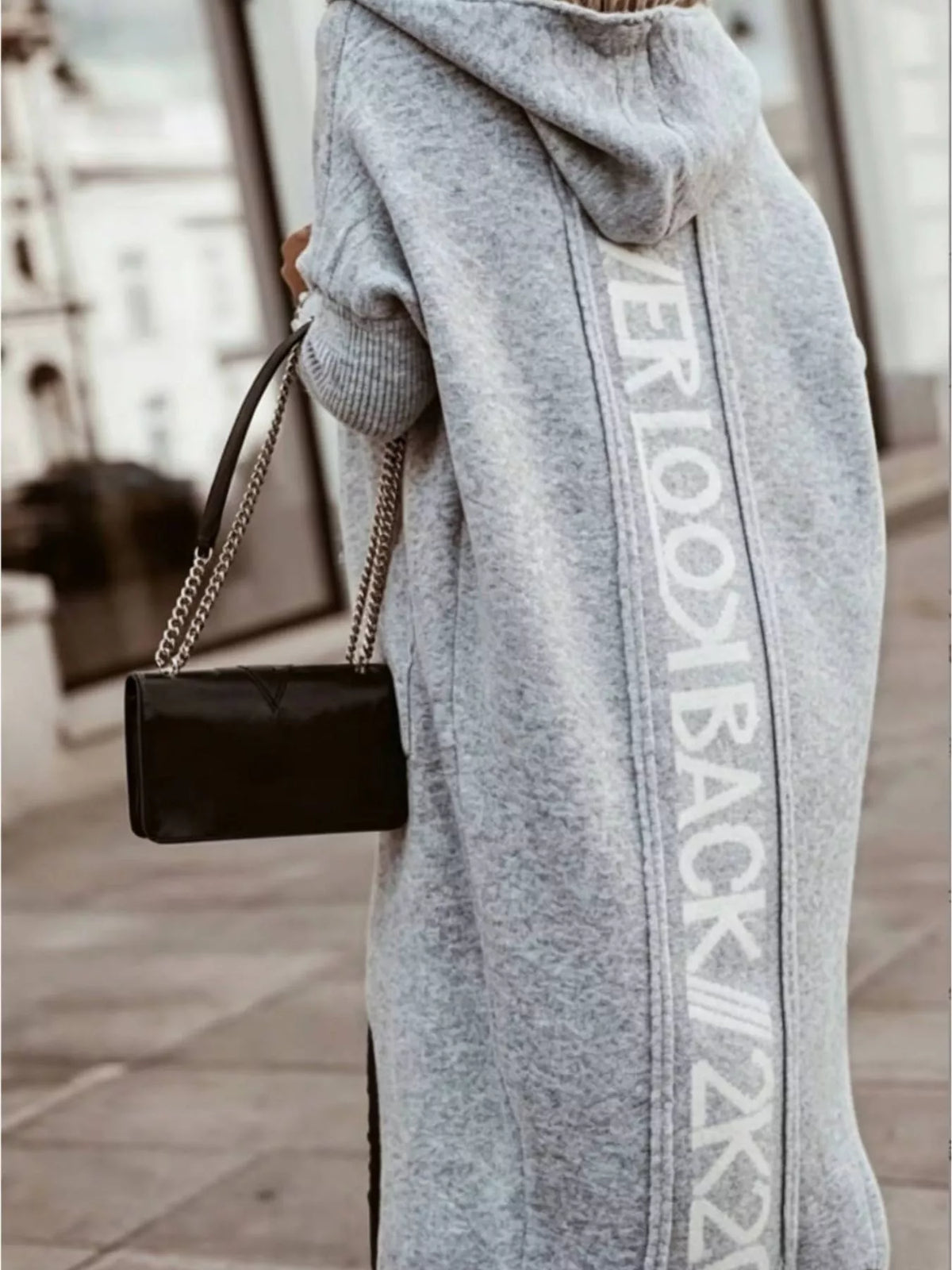 Women's Letter Back Hooded Cardigan in Grey, front view